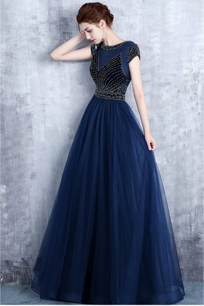 Beaded Tulle Evening Dresses with Bateau Neck Short Sleeves Prom Gowns Floor Length Party Dress