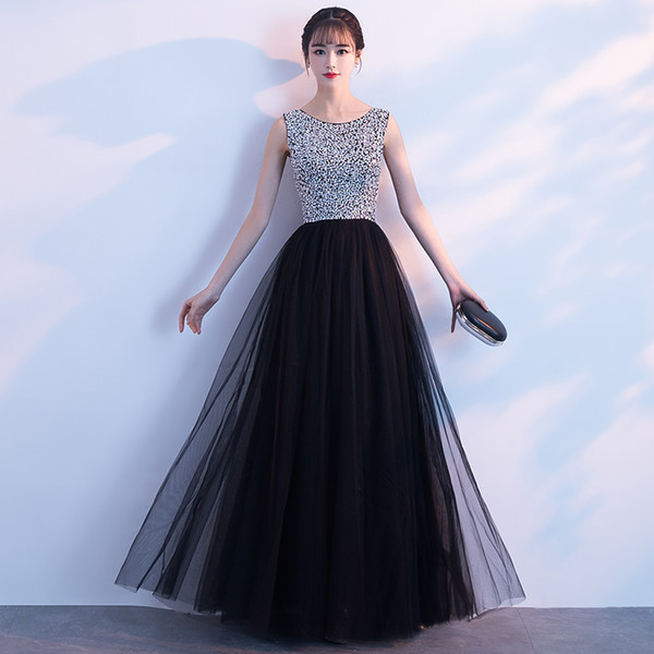 Beaded Tulle Long Evening Dresses Black Scoop Neck Prom Dress New Floor Length Party Dresses