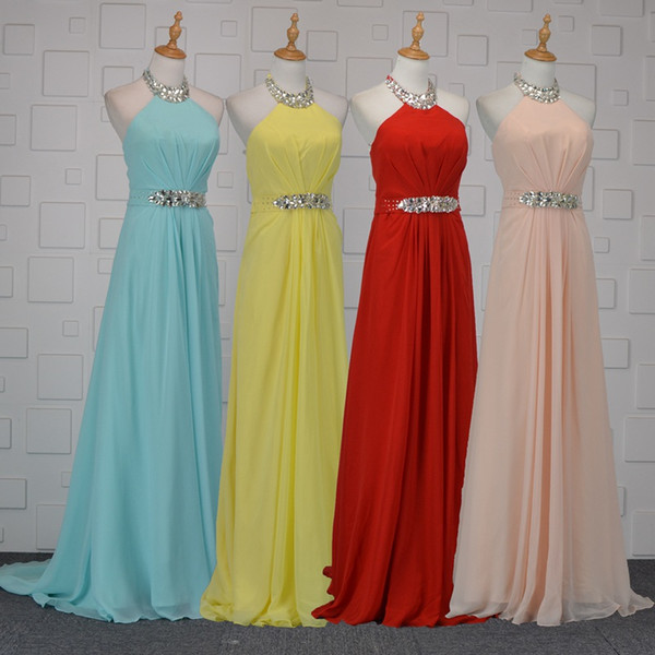 Halter Neck Long Chiffon Evening Dress with Beads Crystal Floor Length Prom Gowns New Party Dresses