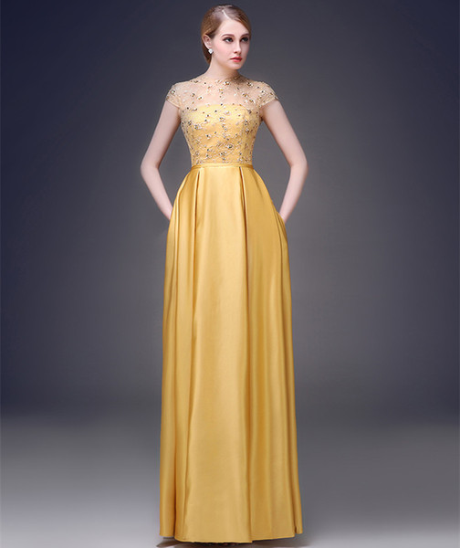 Gold Sheer Jewel Neck Satin Evening Dresses with pockets Open Back Prom Dress Beaded Evening Gowns