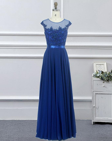 Beaded Lace Chiffon Evening Dresses with Jewel Neck Floor Length Formal Dress New Party Dresses Royal Blue Red Ivory