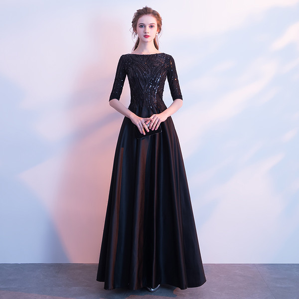 Black Bling Sequins Long Evening Dresses Bateau Neck Prom Dress with Half Sleeves Floor Length Formal Party Gowns