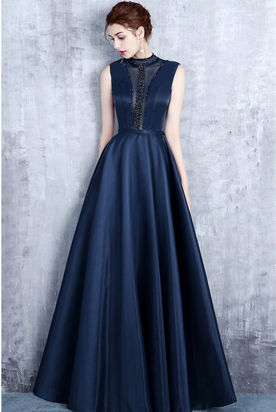 Jewel Neck Satin Evening Dresses Navy Blue Beaded Evening Gowns Open Back Long Prom Dresses