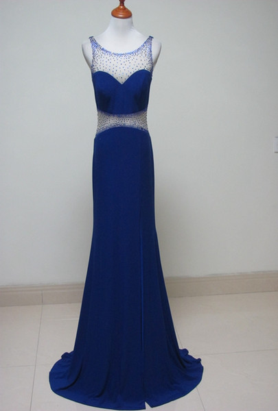 Scoop Neck Sheath Evening Dresses with Crystal Royal Blue Prom Dress Long Split Party Dresses