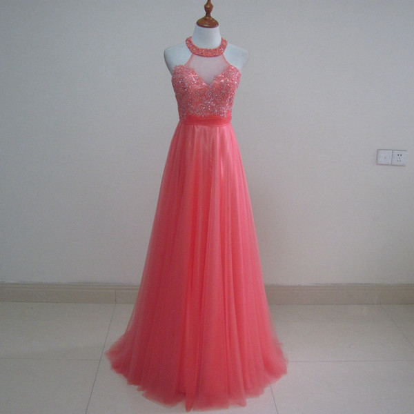 Lace Tulle Long Evening Dresses with Halter Neck Beaded Floor Length Prom Dresses Real Photo