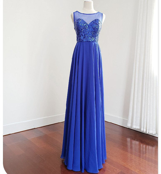 Sequined Chiffon Evening Dresses with Scoop Neck Royal Blue Floor Length Evening Gowns New Special Occasion Dress