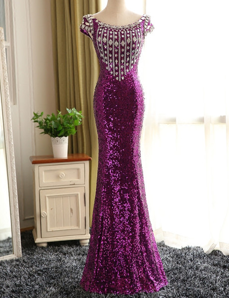 Purple Lace Sequin Mermaid Evening Dress With Scoop Neck Beaded Crystal Long Evening Party Gowns