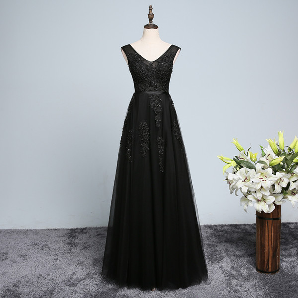 Elegant V Neck Long Tulle Evening Dress With Lace Appliques Black Evening Gowns New Robe De Soiree