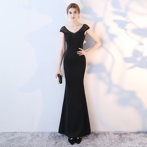 Beaded Satin Mermaid Evening Dresses Abendkleider Black V Neck Long Evening Gowns New Formal Dresses