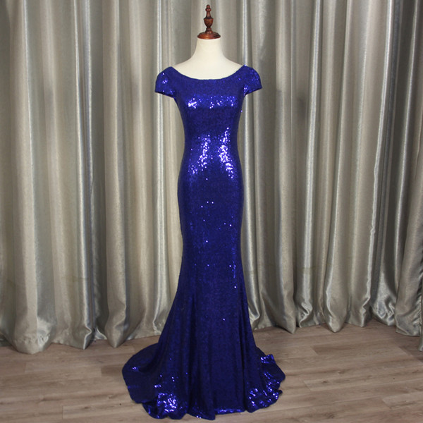 Lace Sequins Mermaid Evening Dress New Sweep Train Evening Gowns Royal Blue Gold Sliver Black