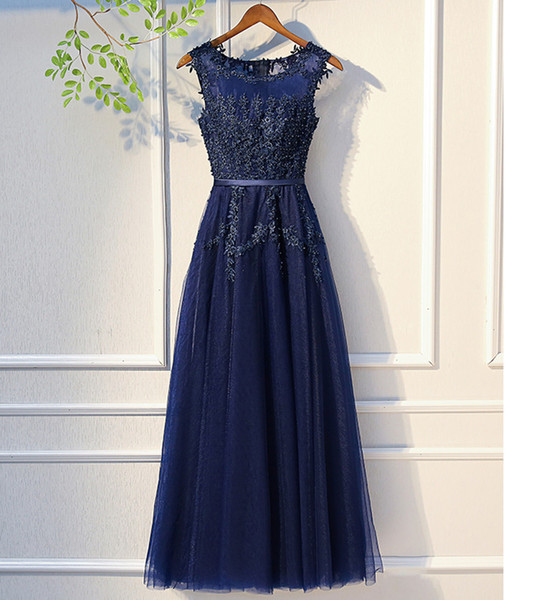 Beaded Scoop Neck Lace Tulle A Line Evening Dresses Navy Blue Long Evening Gowns Floor Length Formal Dress