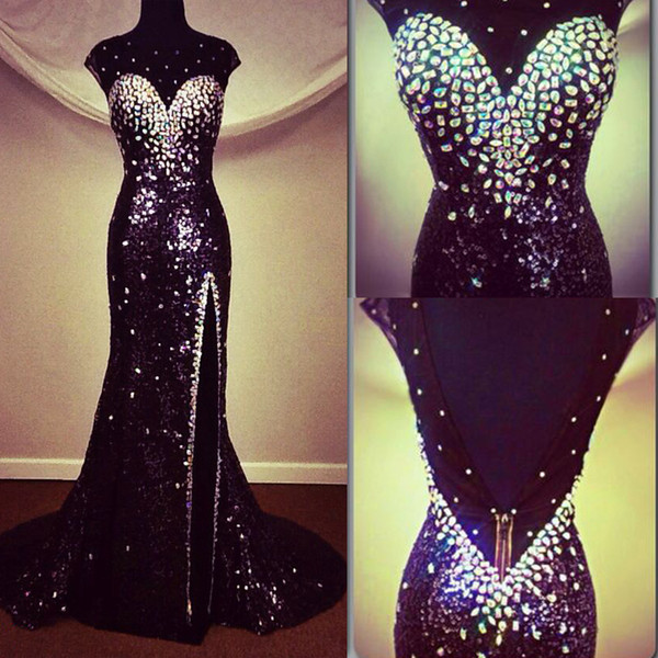 Sheer Neck Sequin Mermaid Evening Dress With Crystal Sweep Train Evening Gowns Vestido De Noche