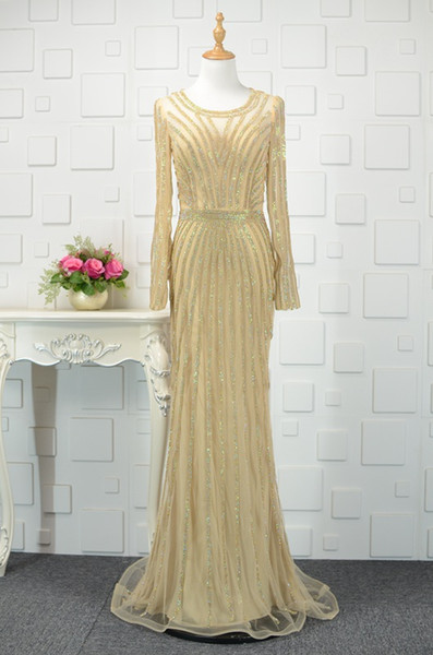 Major Beading Long Sleeves Evening Dress Gold Jewel Neck Long Prom Dresses Floor Length Gowns