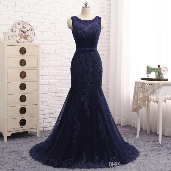 Mermaid Evening Dresses Jewel Neck Lace Applique Sequins Tulle Prom Gowns Red Carpet Celebrity Dress