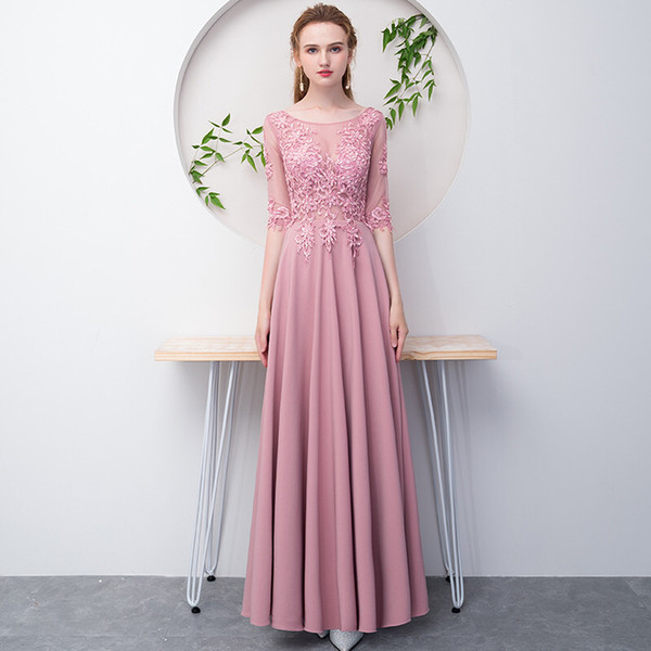 Blush Pink Chiffon A Line Evening Dresses with Lace Appliques Half Sleeves Formal Prom Dress vestido longo