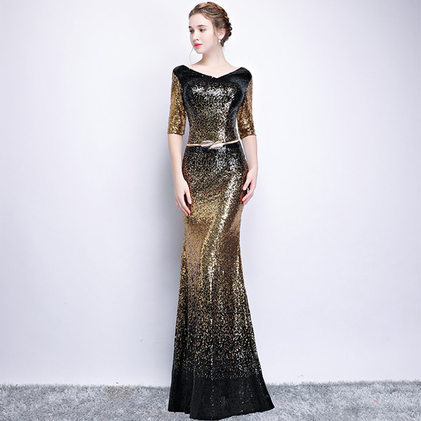 Bling Bling Sequins Mermaid Evening Gowns In Stock Long Prom Dress Half Sleeves Party Dresses