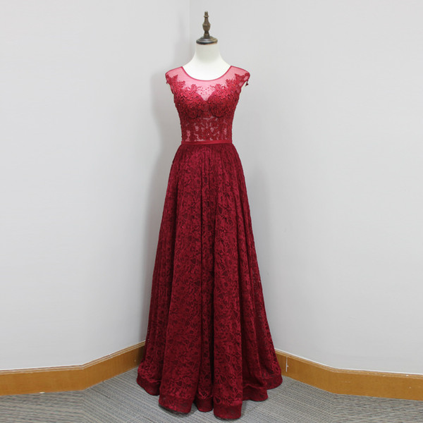 Beaded Jewel Neck Lace Evening Dresses Long Formal Dresses Burgundy Party Dresses Floor Length Elegant