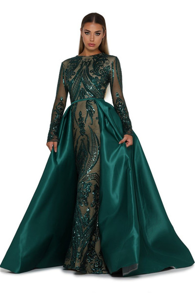 Long Sleeves Evening Dresses with Detachable Skirt Long Prom Gowns with Heavy Embroidery Dark Green