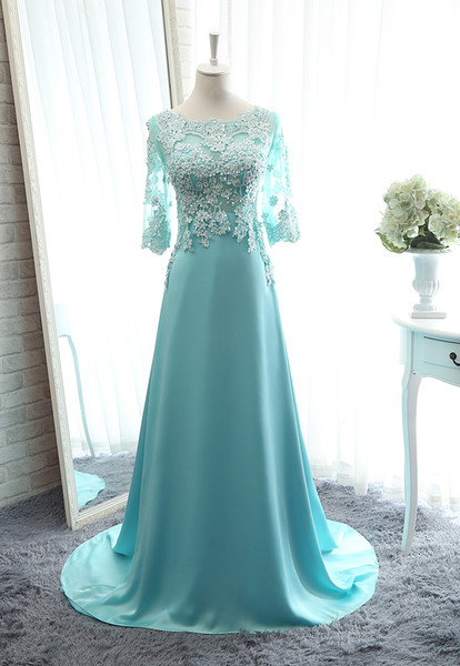 New Fashion Boat Neck Lace Chiffon Evening Dress With Appliques Court Train Evening Gown Lake Blue