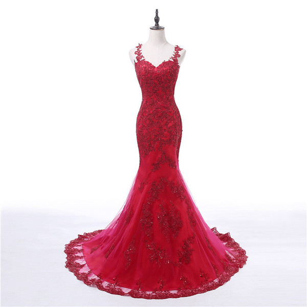 Lace Appliques V Neck Mermaid Evening Dresses Arabic Long Evening Gowns Floor Length Prom Dresses