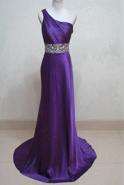 Beaded One Shoulder Long Satin Evening Dresses Purple Sheath Evening Gowns Pleated Prom Gowns Floor Length