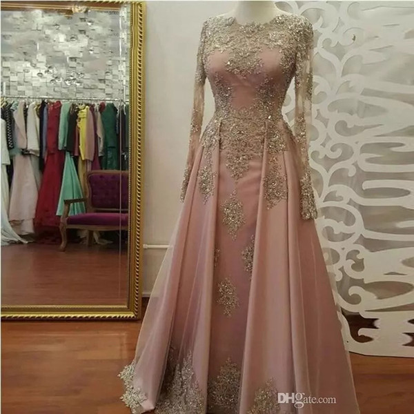 Beaded Long Sleeve Evening Dresses Lace Appliques Abiye Dubai Caftan Muslim Prom Gowns Custom Made