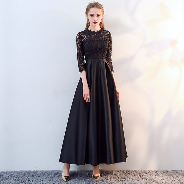 Black Satin Long Evening Dress with Lace Appliques Floor Length Formal Evening Gowns Vestidos Largos De Noche