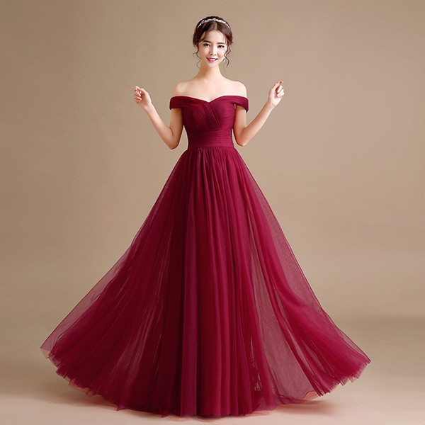 Off Shoulder Tulle Long Formal Evening Dresses Lace Up Burgundy Evening Party Prom Gowns vestido de noche