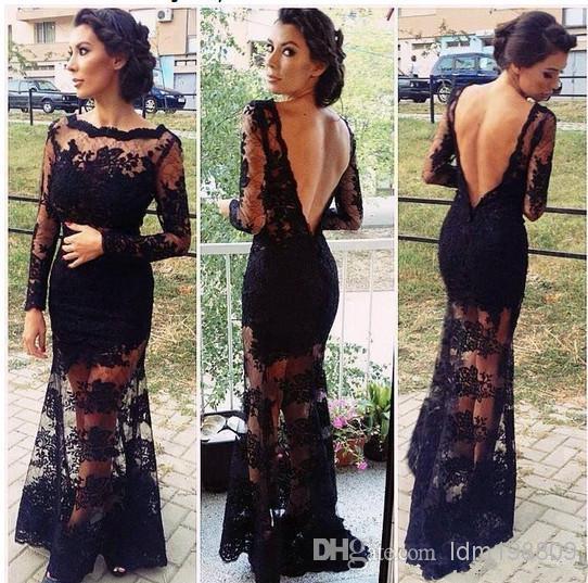 Long Sleeves Lace Mermaid Evening Dress Black Floor Length Evening Gowns Elegant robes de soiree longue