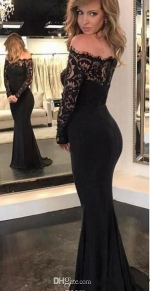 Black Off shoulder Mermaid Evening Dresses With Long Sleeves Lace Illusion Designer Formal Evening Gowns