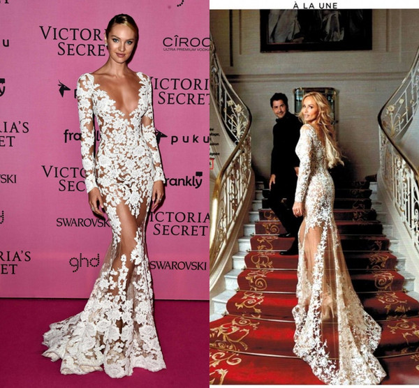 Zuhair Murad Sheer Lace Evening Dresses Long Sleeves V Neck Appliques Long CANDICE SWANEPOEL Wears Illusion Prom Celebrity Party Gowns