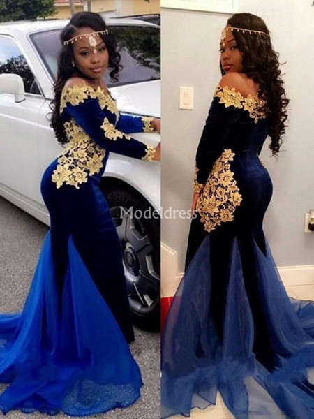 Arabric Mermaid Evening Dresses New Off Shoulder Appliques Sweep Train Black Girl Special Occasion Dress Modern Formal Party Prom Gowns