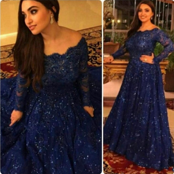 Arabic Sparkly Lace Dresses Evening Wear Long Sleeves Beads Floor Length Elegant Navy Blue Plus Size Prom Celebrity Dress For Woman