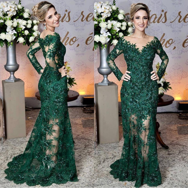 Dark Green Formal Lace Evening Dresses Long Sleeves Sheer Neck Beading Mermaid Sweep Train Sheer Prom Party Special Occasion Gowns