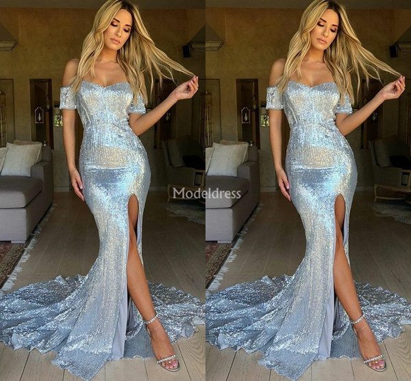 Modern Mermaid Evening Dresses Off Shoulder Short Sleeves High Side Split Sparkly Sweep Train Formal Party Prom Gown Vestidos De Fiesta