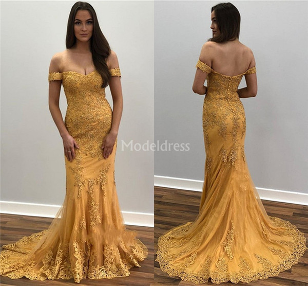 Sexy Lace Mermaid Evening Dresses Off Shoulder Appliques Sweep Train Special Occasion Dresses Modern Formal Party Prom Gowns Classic Vestido