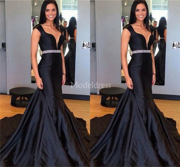 Elegant Black Mermaid Evening Dresses Deep V-Neck Sweep Train Formal Party Prom Gowns Modern Special Occasion Dresses Vestidos De Fiesta