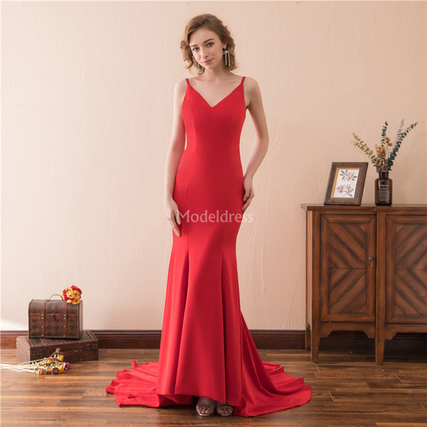 Sexy Red Mermaid Evening Dresses V-Neck Pleats Backless Sweep Train Vestidos De Fiesta Cheap Special Occasion Dress Formal Party Prom Gowns