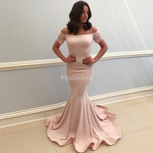 Elegant Lace Mermaid Evening Dresses Spaghetti Illusion Short Sleeves Sweep Train Vestidos De Fiesta Formal Party Prom Gowns Custom