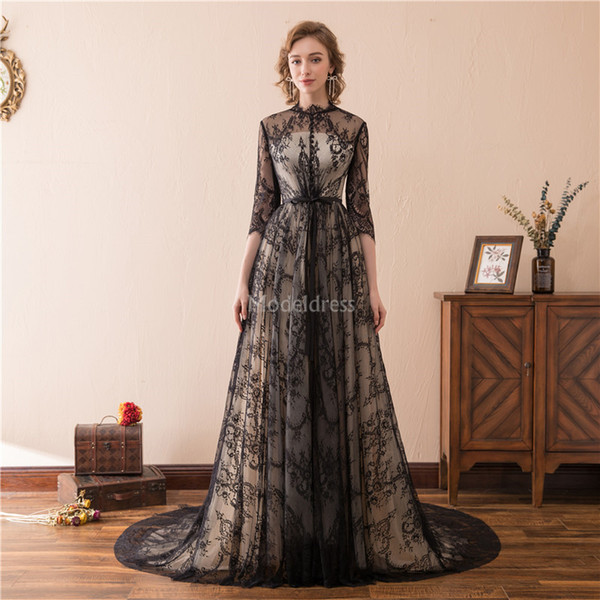 Luxury Lace Evening Dresses Illusion 3/4 Long Sleeves Sweep Train Formal Party Prom Gowns Elegant Special Occasion Dress Vestidos De Fiesta