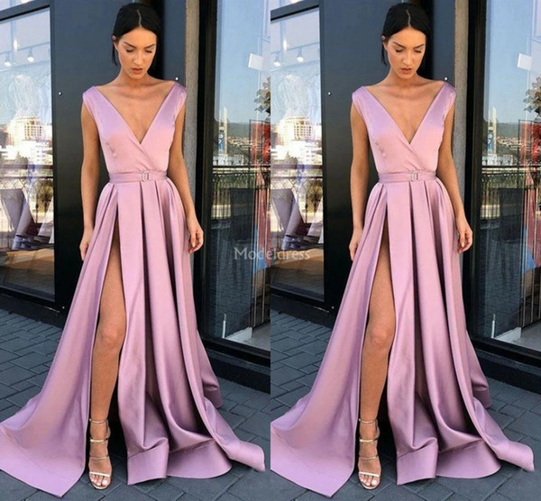 Sexy Evening Dresses Deep V-Neck High Side Split A Line Sweep Train Pleats Special Occasion Dress Simple Formal Party Prom Gowns Hot Vestido