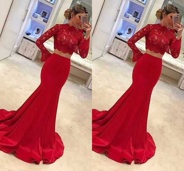 Elegant Lace Mermaid Red Evening Dresses Two Pieces Illusion Long Sleeves Sweep Train Special Occasion Dresses Modern Formal Party Prom Gown