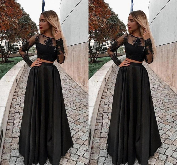 New Elegant Two Pieces Black Evening Dresses Illusion Long Sleeves Appliques A Line Formal Party Evening Gown Simple Vestidos De Fiesta