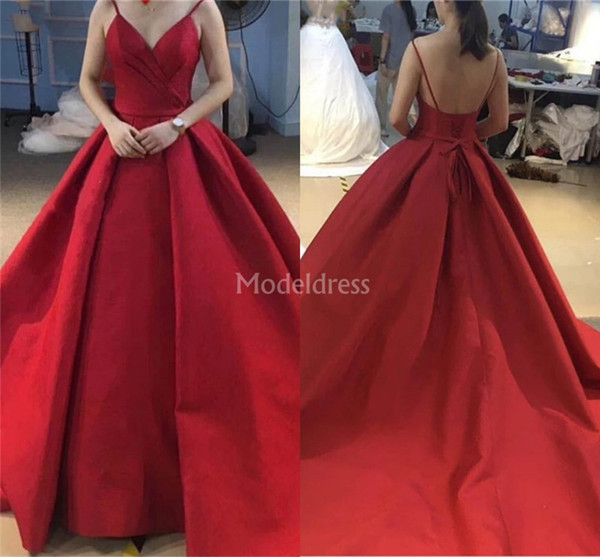 Red Evening Dresses Spaghetti Backless Sweep Train Formal Party Prom Gowns Simple Plus Size Special Occasion Dresses Chic Vestidos De Fiesta