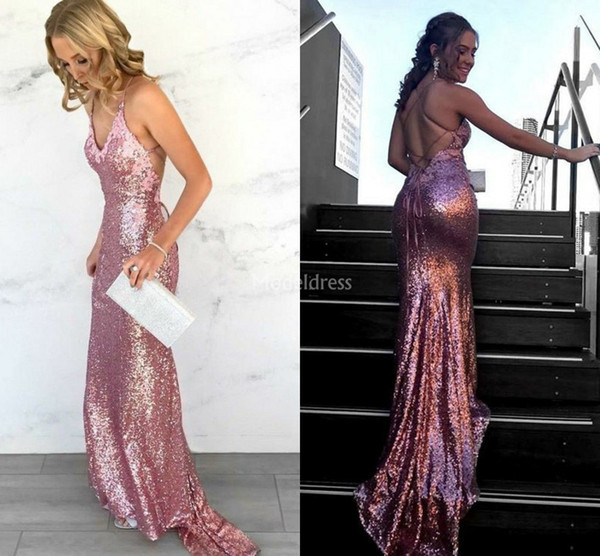 Sexy Biling Mermaid Evening Dresses Deep V-Neck Sweep Train Sequined Formal Party Prom Gowns Modern Special Occasion Dresses Stylish Vestido