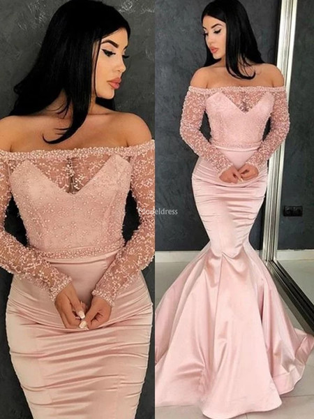 Arabric Mermaid Evening Dresses With Illusion Long Sleeves Sweep Train Off Shoulder Special Occasion Dresses Elegant Party Prom Gown Vestido