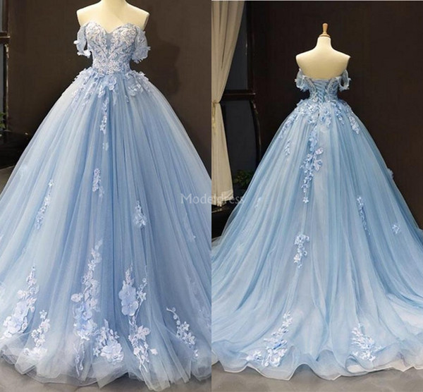 Gorgeous New Light Sky Blue Evening Dresses Off Shoulder Hand Made Flowers Appliques Elegant Formal Party Prom Gowns Plus Size Vestidos