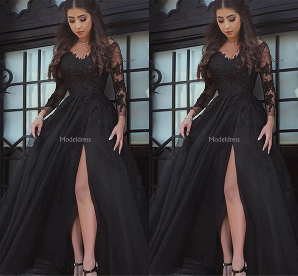 Arabric Lace Evening Dresses Illusion Long Sleeves High Side Split Appliques Sexy Special Occasion Dresses Plus Size Formal Party Prom Gowns