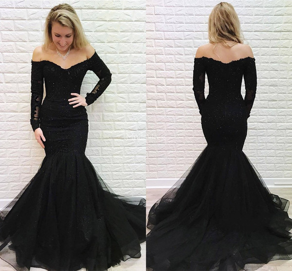 Arabric Lace Mermaid Evening Dress Off Shoulder Illusion Long Sleeves Sweep Train Modern Special Occasion Dress Sexy Party Prom Gown Vestido