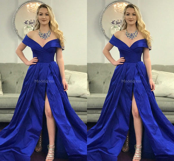 Newest Royal Blue Evening Dresses Off Shoulder High Side Split Sweep Train Sexy Special Occasion Dresses A Line Party Evening Gowns Vestidos